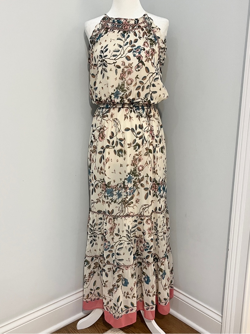 Women’s  Max Studio Georgette Embroidered Neck Smocked Maxi Dress